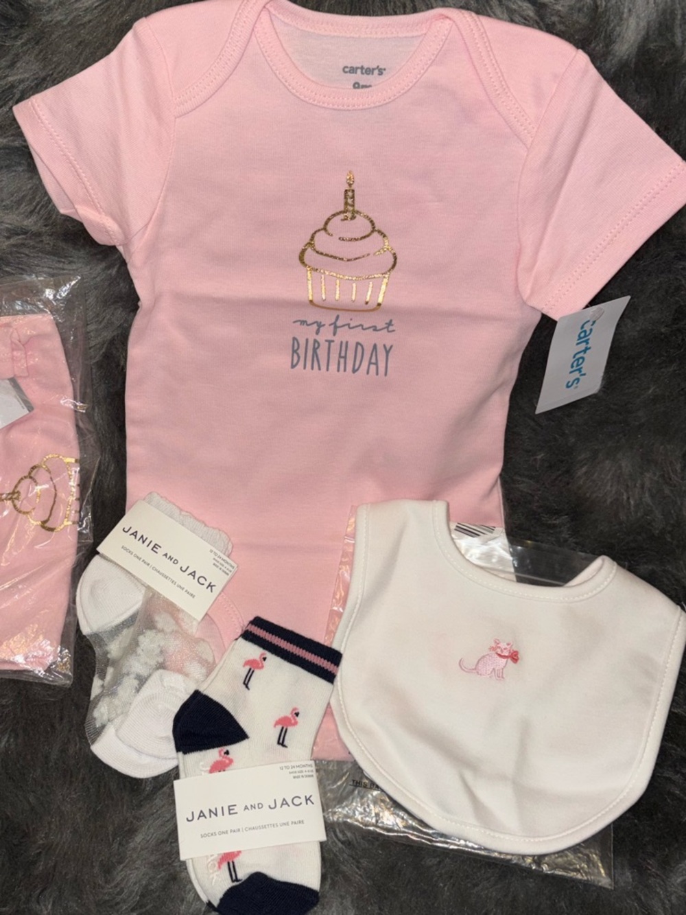 $38~Carter's Pink 'My First Birthday' Cupcake Bodysuit 9months+Extras